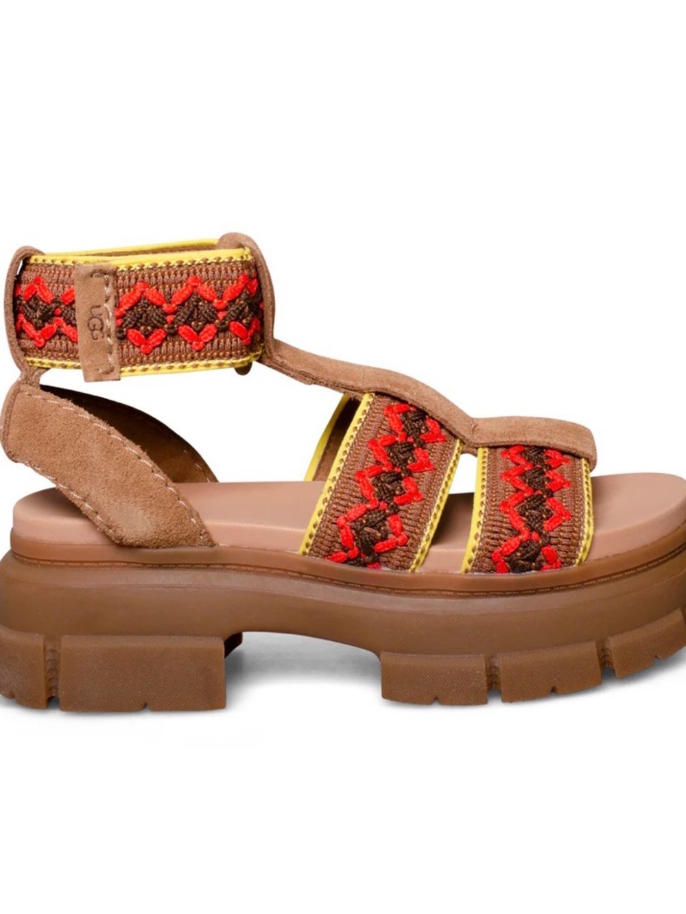 Ugg Brown Suede Sandals with Red Embroidered Straps - Women's